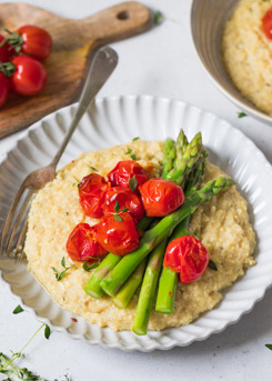 Millet Polenta With Roasted Cherry Tomatoes & Asparagus