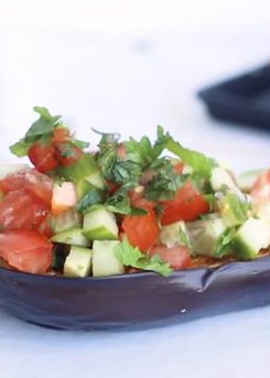 Roasted Eggplant with a Tomato Cucumber Salad 